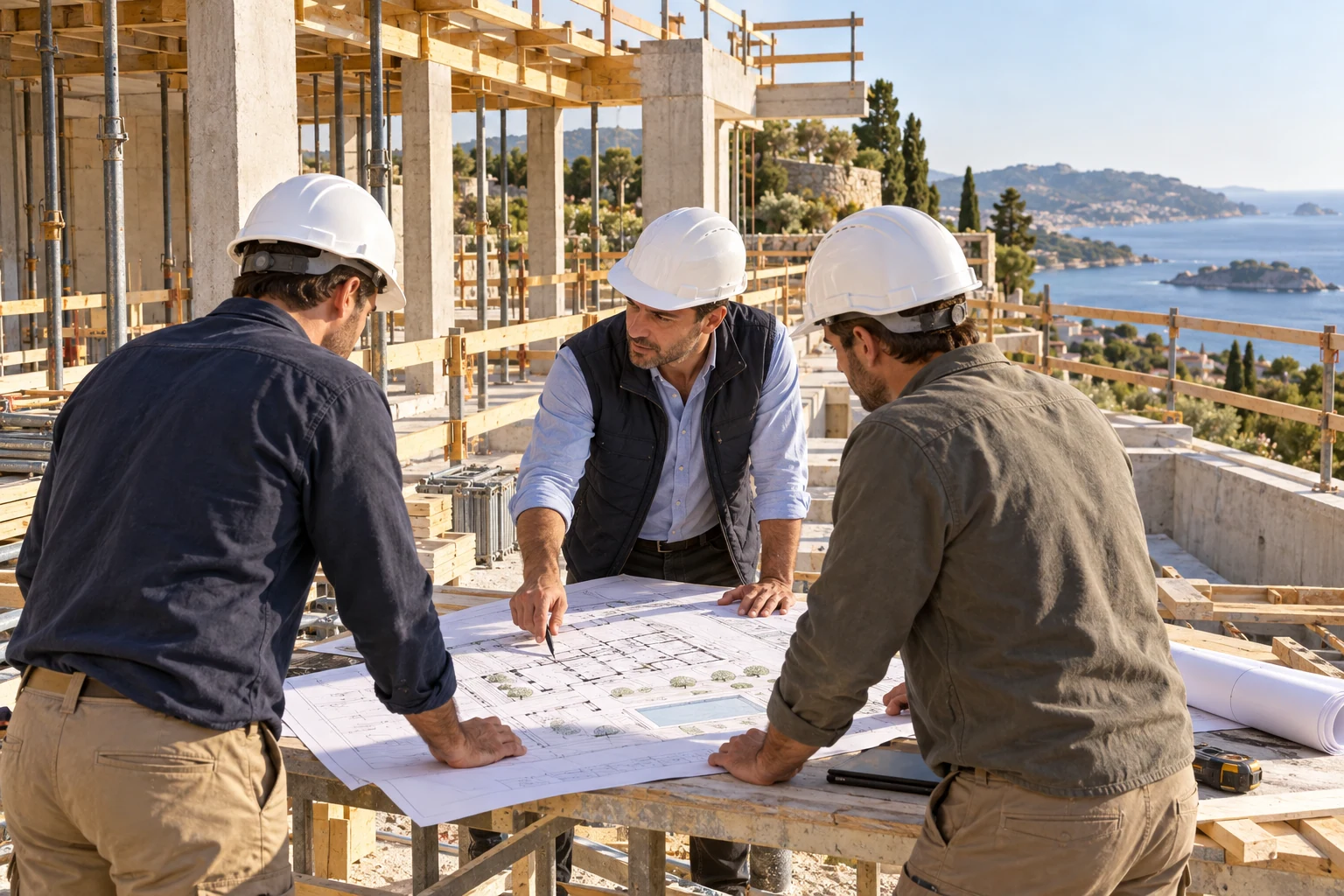 Illustration : Professionnels réunis autour de plans sur un chantier fictif