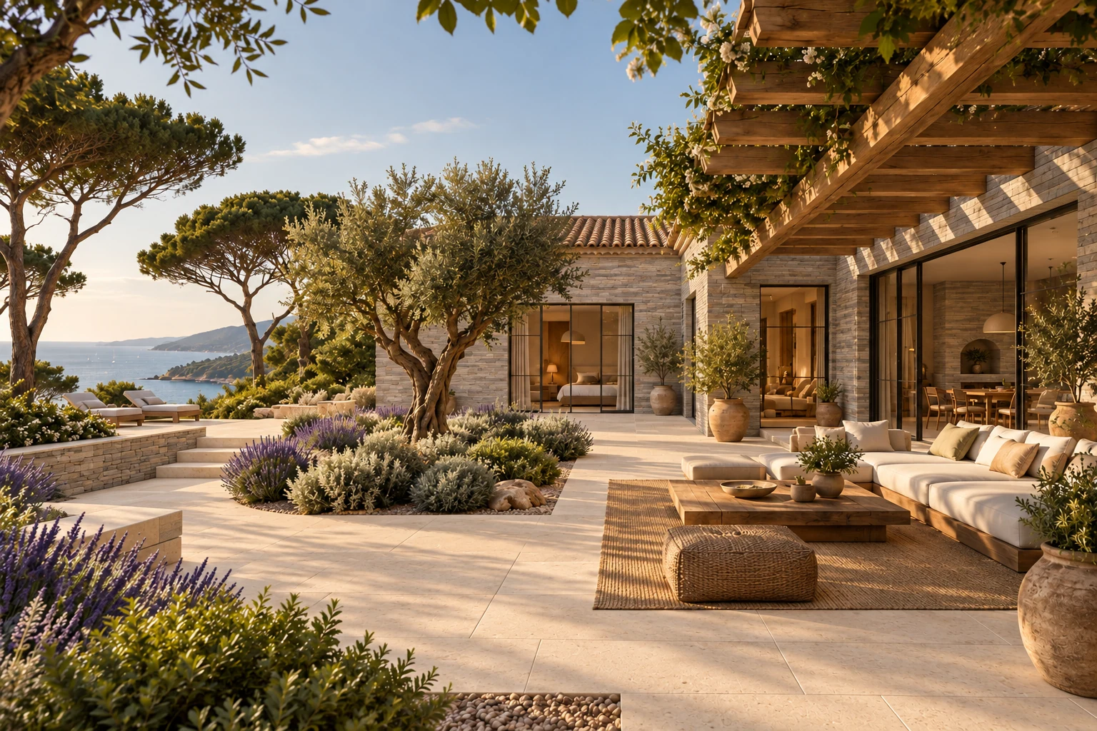 Illustration 3D d’un patio de villa fictive avec olivier, pergola et vue sur la Méditerranée